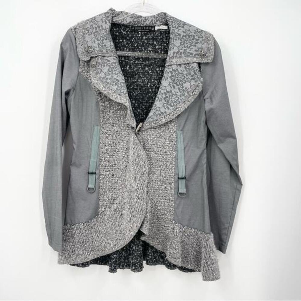 Forla Paris Cardigan Size Medium Floral Boho Metallic Gray Ruffle Asymmetrical